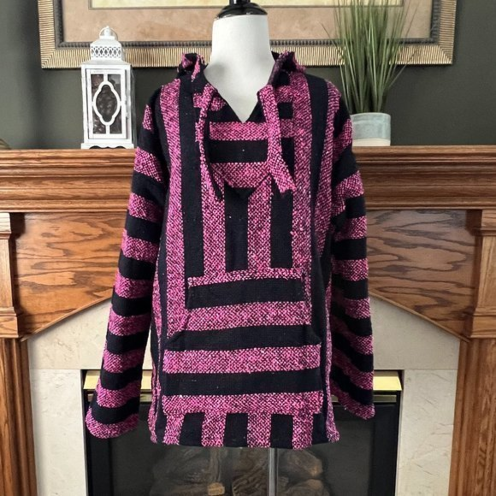 Baja Striped Surfer Poncho Pullover Hoodie Sz. M